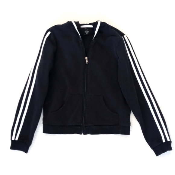 Vintage Black Cropped Long Sleeve Hoodie with White Racer Stripes M - Picture 2 of 11